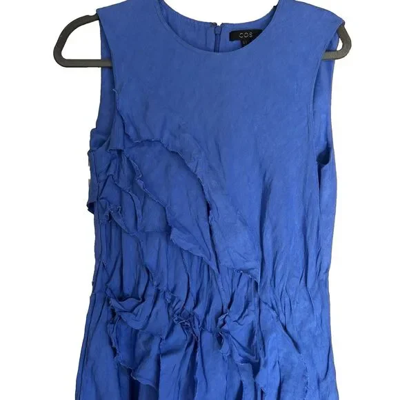COS Waterfall Layered S/Less Knee Length Dress Royal Blue Linen Blend Size 8